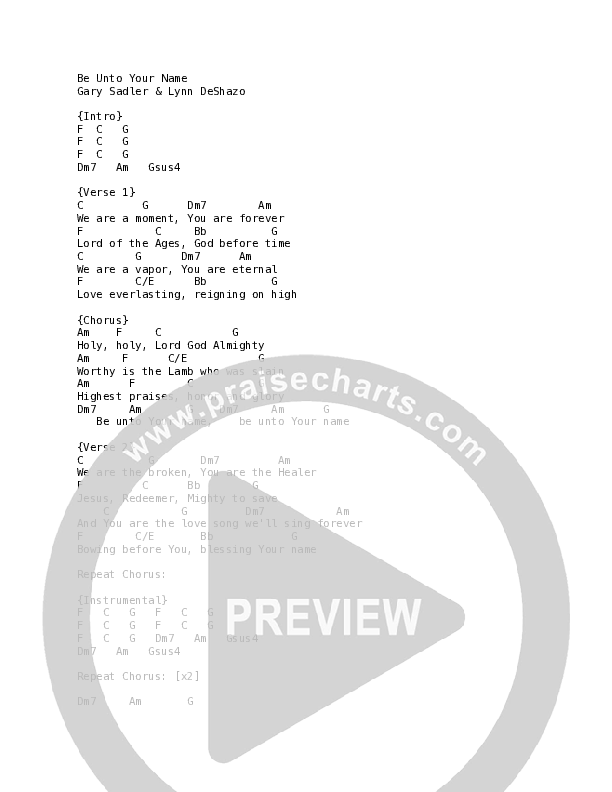 Be Unto Your Name Chord Chart (Anchor Hymns / Dee Wilson / Mission House)