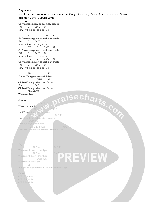 Daybreak Chord Chart (Vive Worship)
