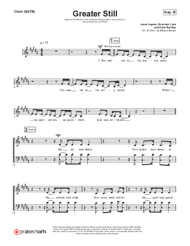 Greater Still Choir Sheet (SATB) (Brandon Lake / Essential Worship)