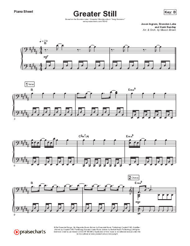 Greater Still Piano Sheet (Brandon Lake / Essential Worship)
