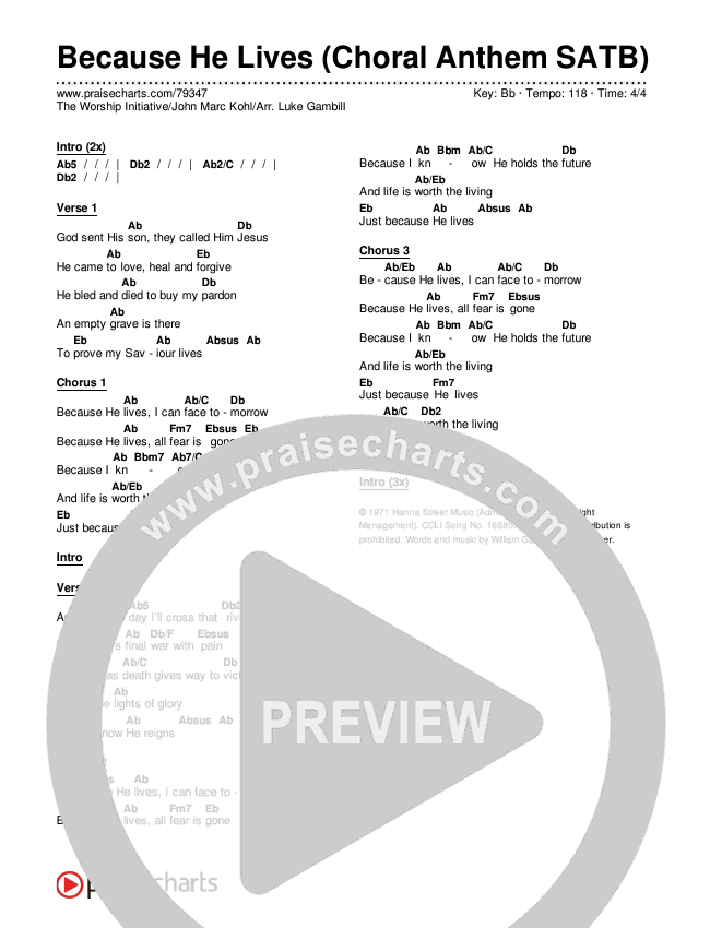 Because He Lives (Choral Anthem SATB) Chords & Lyrics (The Worship Initiative / John Marc Kohl / Arr. Luke Gambill)