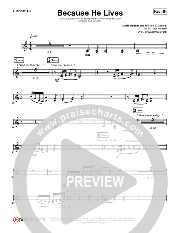 Because He Lives (Choral Anthem SATB) Clarinet 1/2 (The Worship Initiative / John Marc Kohl / Arr. Luke Gambill)