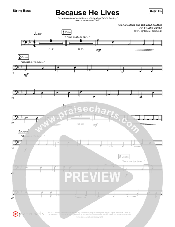 Because He Lives (Choral Anthem SATB) String Bass (The Worship Initiative / John Marc Kohl / Arr. Luke Gambill)