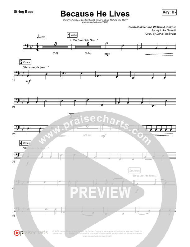 Because He Lives (Choral Anthem SATB) String Bass (The Worship Initiative / John Marc Kohl / Arr. Luke Gambill)
