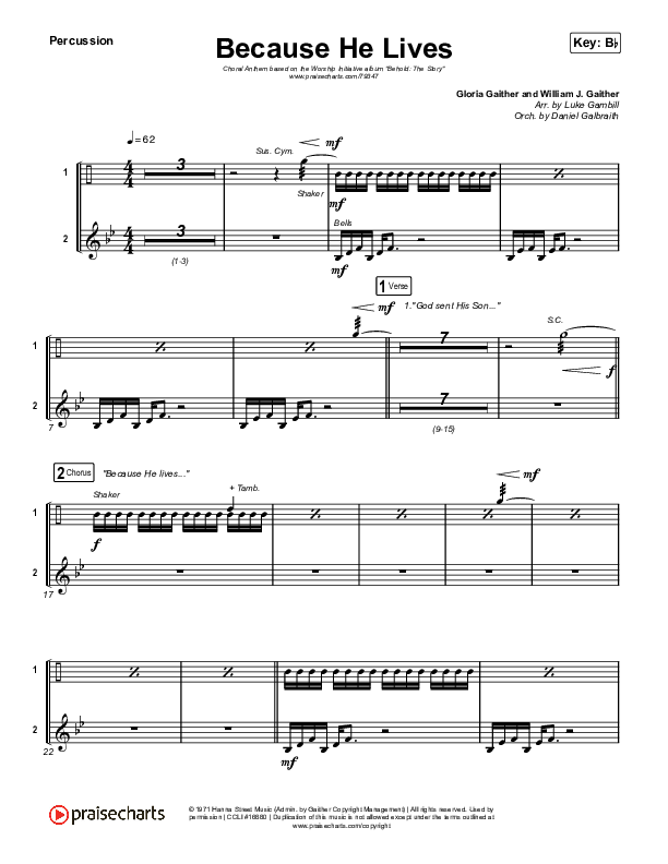 Because He Lives (Choral Anthem SATB) Percussion (The Worship Initiative / John Marc Kohl / Arr. Luke Gambill)