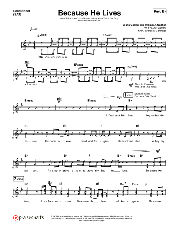 Because He Lives (Choral Anthem SATB) Lead Sheet (SAT) (The Worship Initiative / John Marc Kohl / Arr. Luke Gambill)