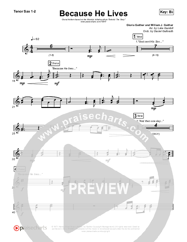 Because He Lives (Choral Anthem SATB) Tenor Sax 1,2 (The Worship Initiative / John Marc Kohl / Arr. Luke Gambill)
