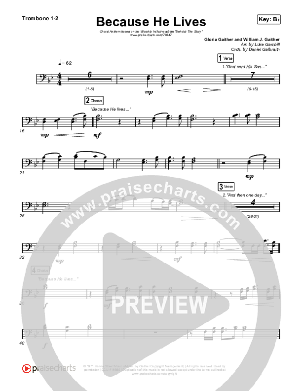 Because He Lives (Choral Anthem SATB) Trombone 1/2 (The Worship Initiative / John Marc Kohl / Arr. Luke Gambill)