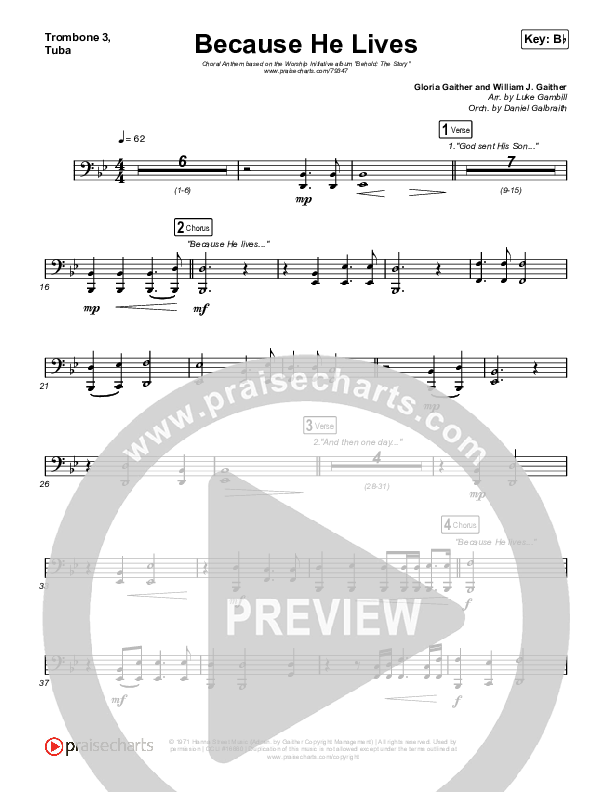 Because He Lives (Choral Anthem SATB) Trombone 3/Tuba (The Worship Initiative / John Marc Kohl / Arr. Luke Gambill)