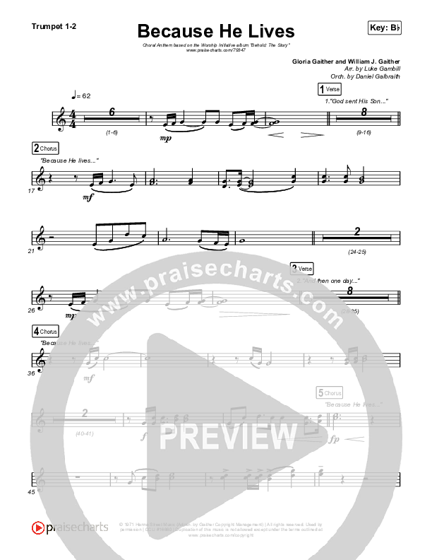 Because He Lives (Choral Anthem SATB) Trumpet 1,2 (The Worship Initiative / John Marc Kohl / Arr. Luke Gambill)