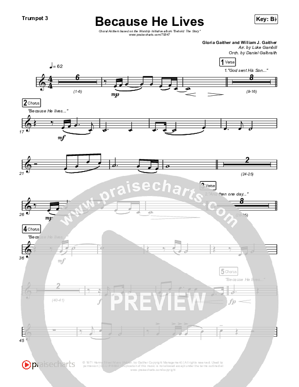 Because He Lives (Choral Anthem SATB) Trumpet 1,2 (The Worship Initiative / John Marc Kohl / Arr. Luke Gambill)