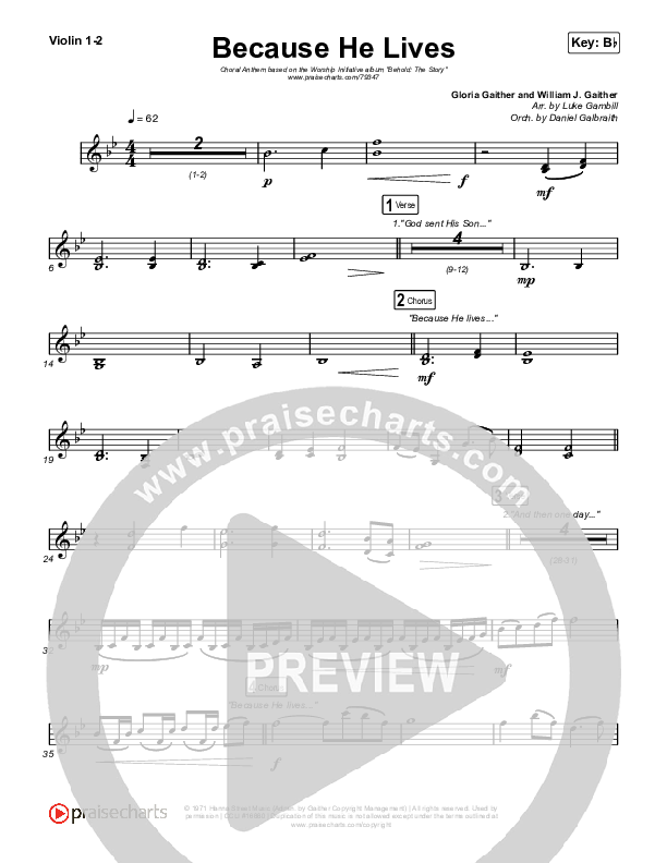 Because He Lives (Choral Anthem SATB) Violin 1,2 (The Worship Initiative / John Marc Kohl / Arr. Luke Gambill)