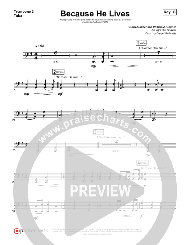 Because He Lives (Worship Choir SAB) Trombone 3/Tuba (The Worship Initiative / John Marc Kohl / Arr. Luke Gambill / Arr. Mason Brown)