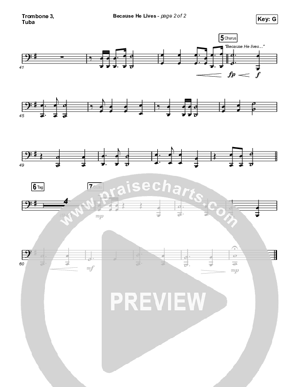 Because He Lives (Worship Choir SAB) Trombone 3/Tuba (The Worship Initiative / John Marc Kohl / Arr. Luke Gambill / Arr. Mason Brown)