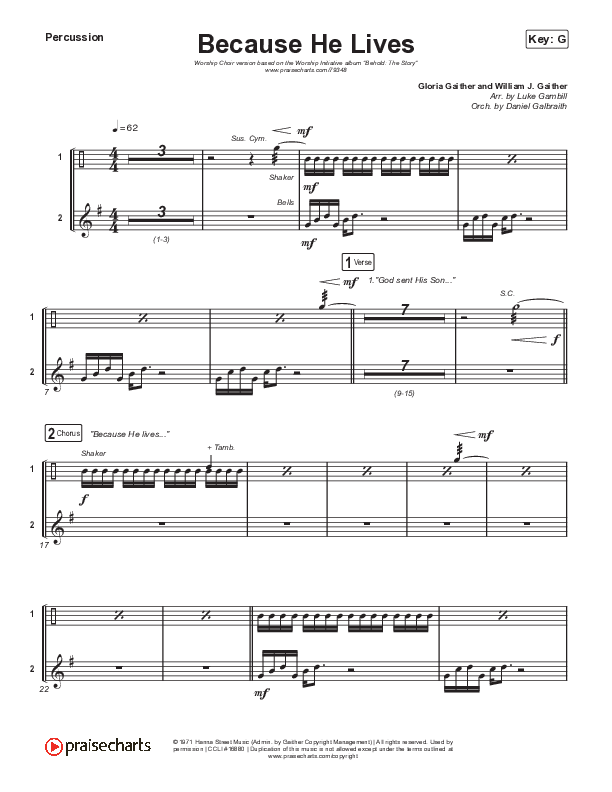 Because He Lives (Worship Choir SAB) Percussion (The Worship Initiative / John Marc Kohl / Arr. Luke Gambill / Arr. Mason Brown)