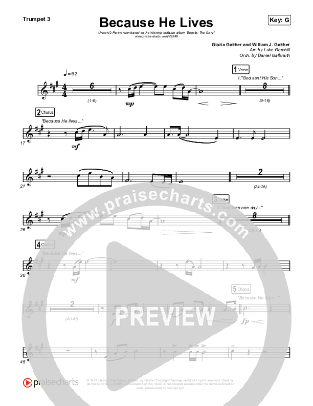 Because He Lives (Unison/2-Part Choir) Trumpet 3 (The Worship Initiative / John Marc Kohl / Arr. Luke Gambill / Arr. Mason Brown)