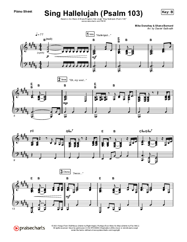 Sing Hallelujah (Psalm 103) Piano Sheet (Kingdom Kids / Shane & Shane)