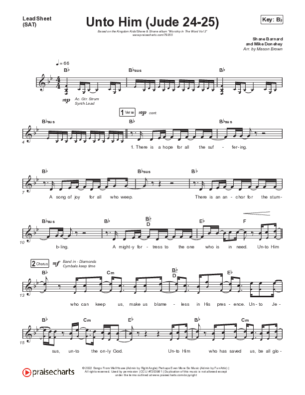 Unto Him (Jude 24-25) Lead Sheet (SAT) (Kingdom Kids / Shane & Shane)