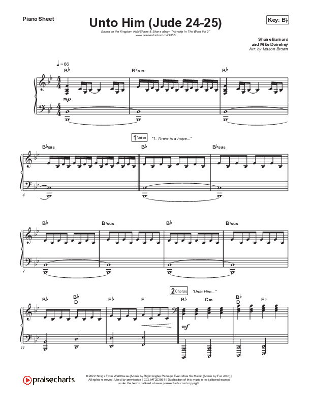 Unto Him (Jude 24-25) Piano Sheet (Kingdom Kids / Shane & Shane)