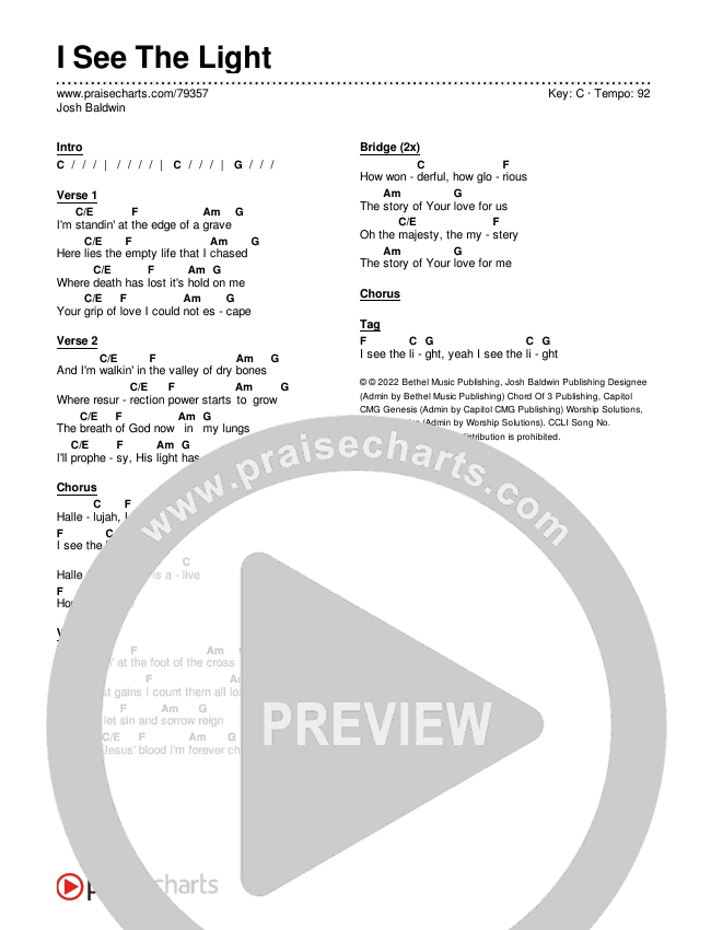 I See The Light Chords & Lyrics (Josh Baldwin)
