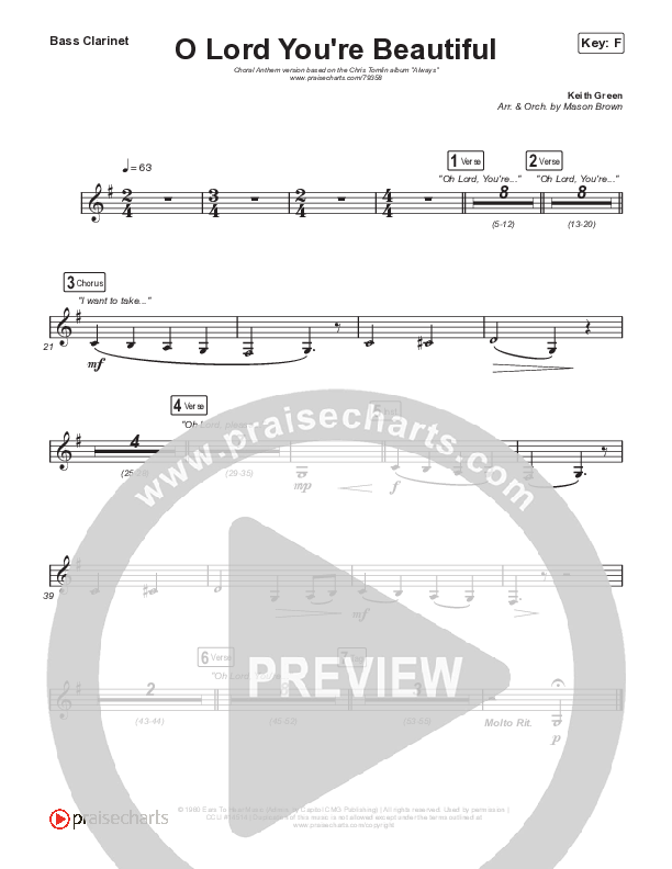O Lord You're Beautiful (Choral Anthem SATB) Bass Clarinet (Chris Tomlin / Steffany Gretzinger / Arr. Mason Brown)