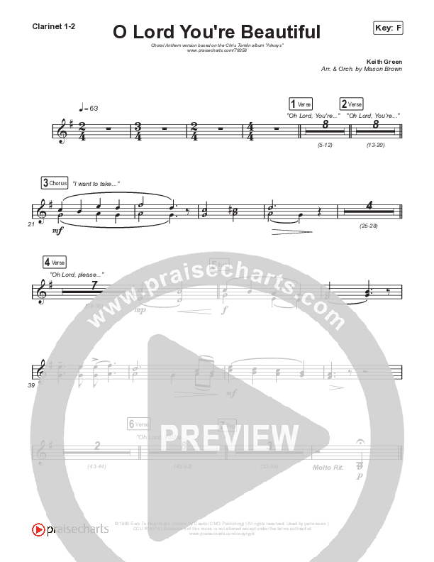 O Lord You're Beautiful (Choral Anthem SATB) Clarinet 1/2 (Chris Tomlin / Steffany Gretzinger / Arr. Mason Brown)