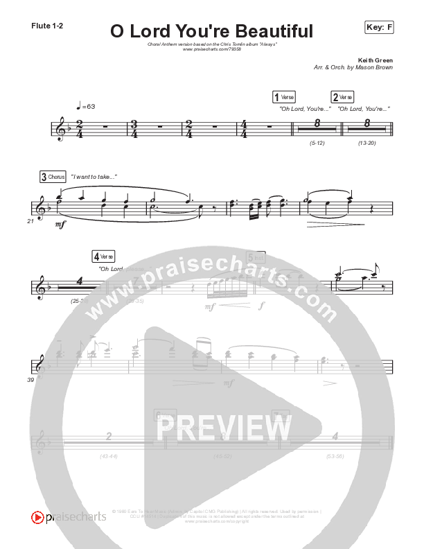 O Lord You're Beautiful (Choral Anthem SATB) Flute 1,2 (Chris Tomlin / Steffany Gretzinger / Arr. Mason Brown)