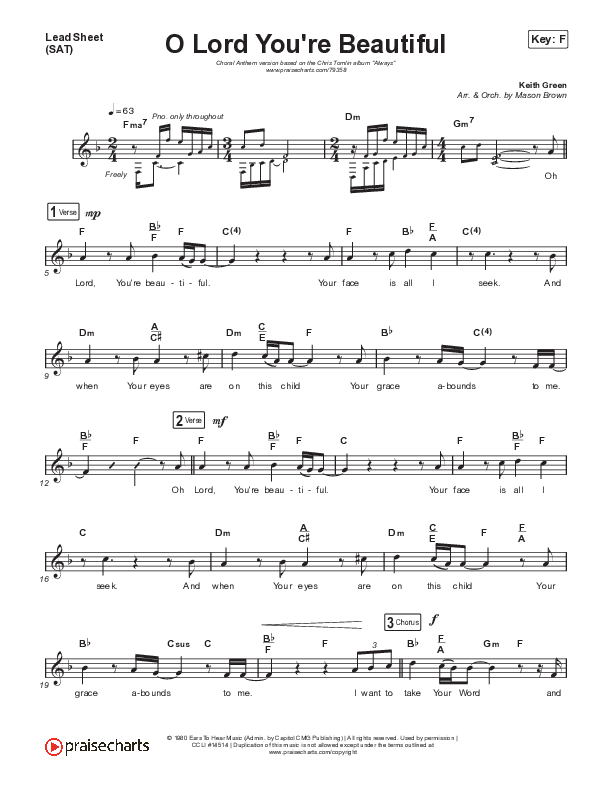O Lord You're Beautiful (Choral Anthem SATB) Lead Sheet (SAT) (Chris Tomlin / Steffany Gretzinger / Arr. Mason Brown)