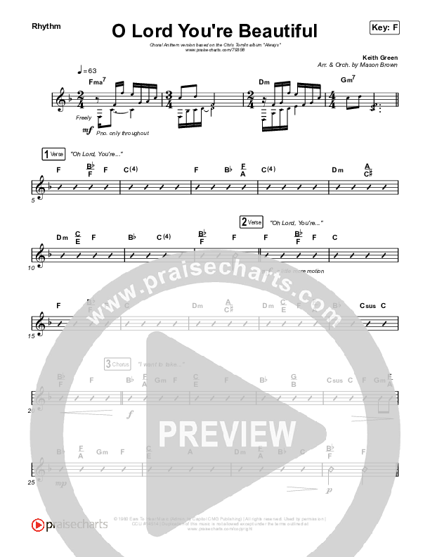 O Lord You're Beautiful (Choral Anthem SATB) Rhythm Pack (Chris Tomlin / Steffany Gretzinger / Arr. Mason Brown)