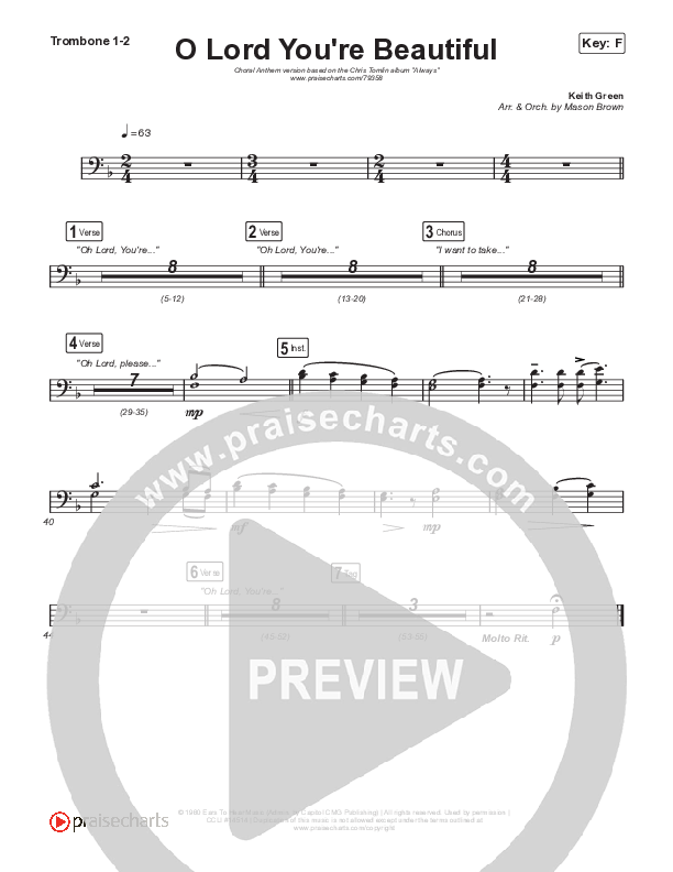 O Lord You're Beautiful (Choral Anthem SATB) Trombone 1/2 (Chris Tomlin / Steffany Gretzinger / Arr. Mason Brown)