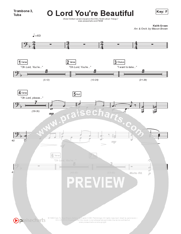 O Lord You're Beautiful (Choral Anthem SATB) Trombone 3/Tuba (Chris Tomlin / Steffany Gretzinger / Arr. Mason Brown)