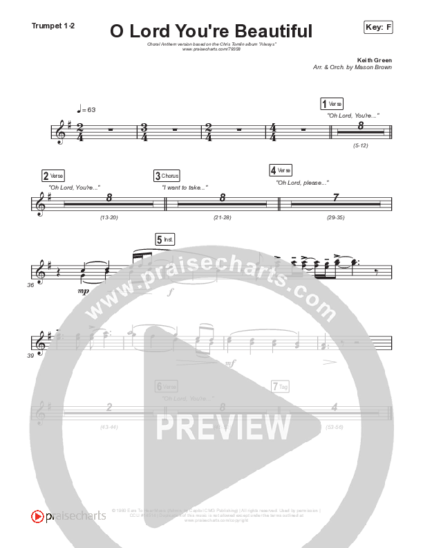 O Lord You're Beautiful (Choral Anthem SATB) Trumpet 1,2 (Chris Tomlin / Steffany Gretzinger / Arr. Mason Brown)