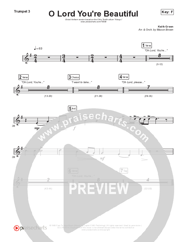 O Lord You're Beautiful (Choral Anthem SATB) Trumpet 3 (Chris Tomlin / Steffany Gretzinger / Arr. Mason Brown)