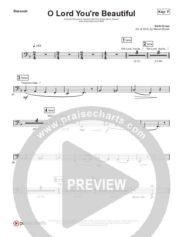 O Lord You're Beautiful (Unison/2-Part Choir) Bassoon (Chris Tomlin / Steffany Gretzinger / Arr. Mason Brown)