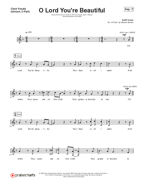 O Lord You're Beautiful (Unison/2-Part Choir) Choir Vocals (Uni/2-Part) (Chris Tomlin / Steffany Gretzinger / Arr. Mason Brown)