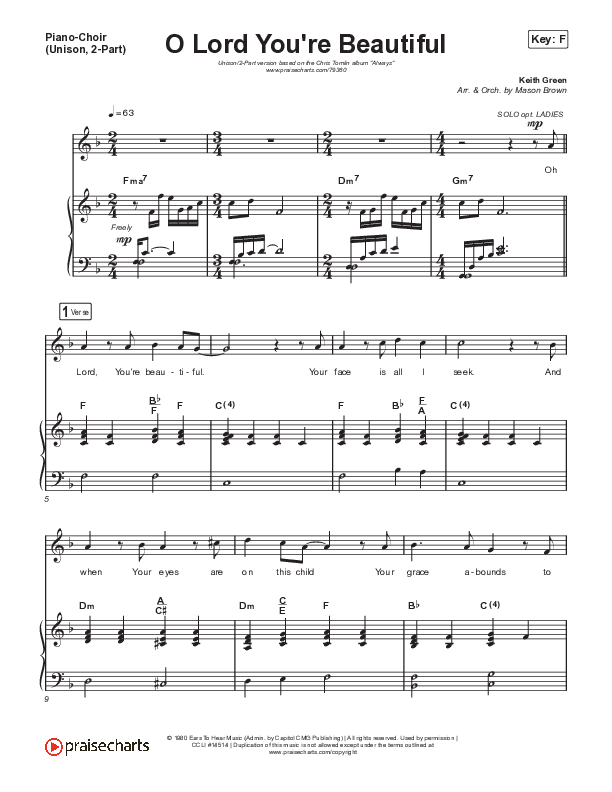 O Lord You're Beautiful (Unison/2-Part Choir) Piano/Choir  (Uni/2-Part) (Chris Tomlin / Steffany Gretzinger / Arr. Mason Brown)