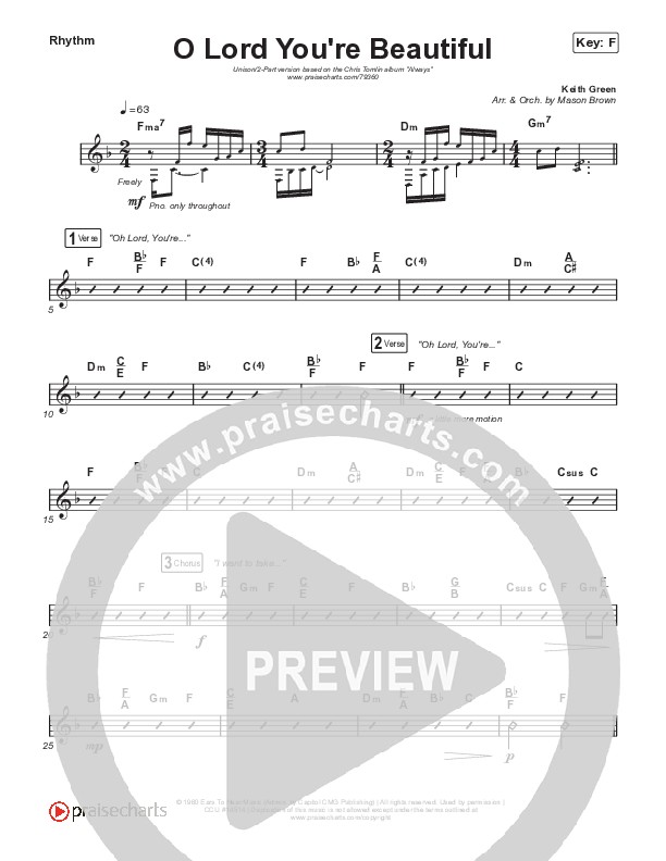 O Lord You're Beautiful (Unison/2-Part Choir) Rhythm Pack (Chris Tomlin / Steffany Gretzinger / Arr. Mason Brown)