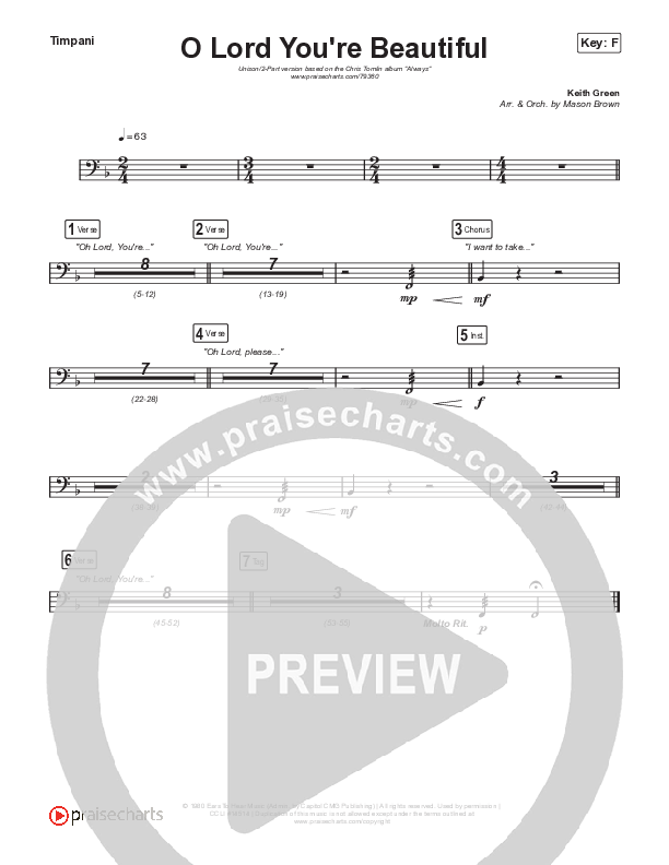 O Lord You're Beautiful (Unison/2-Part Choir) Timpani (Chris Tomlin / Steffany Gretzinger / Arr. Mason Brown)