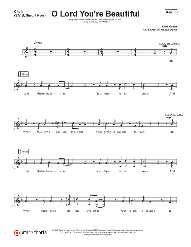 O Lord You're Beautiful (Sing It Now SATB) Choir Sheet (SATB) (Chris Tomlin / Steffany Gretzinger / Arr. Mason Brown)