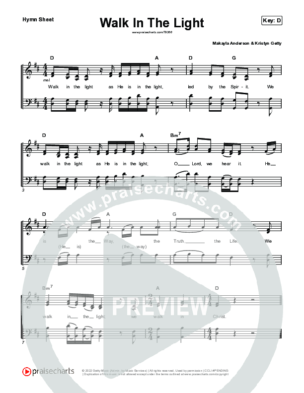Walk In The Light Hymn Sheet (Keith & Kristyn Getty) PraiseCharts