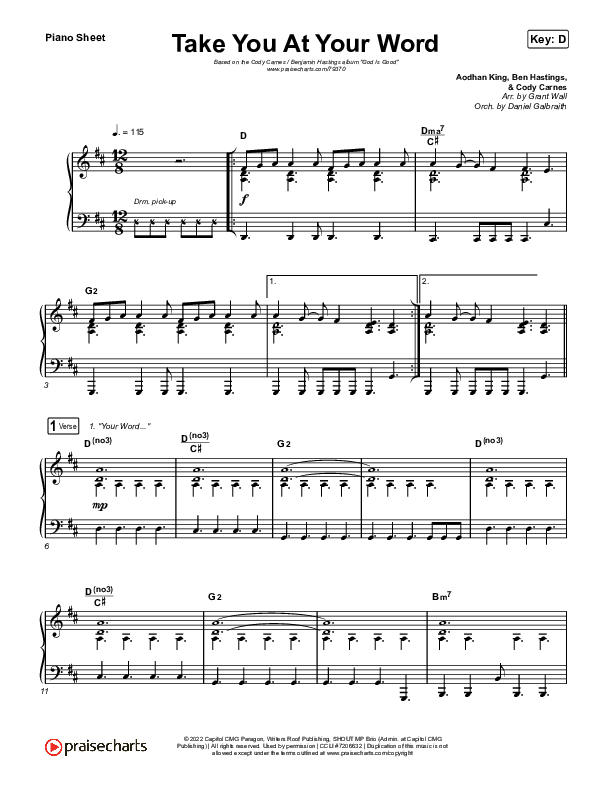 Take You At Your Word (Live) Piano Sheet (Cody Carnes / Benjamin William Hastings)