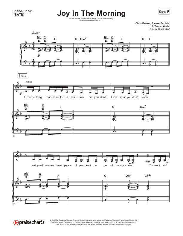 Joy In The Morning Piano/Vocal (SATB) (Tauren Wells)