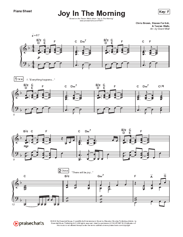 Joy In The Morning Piano Sheet (Tauren Wells)