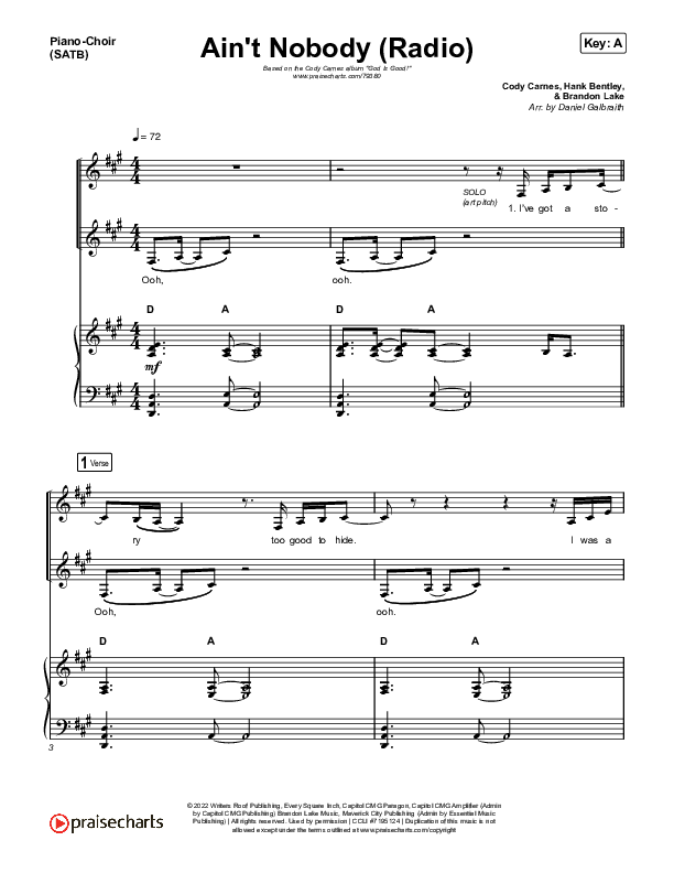 Ain't Nobody (Radio) Piano/Vocal (SATB) (Cody Carnes)