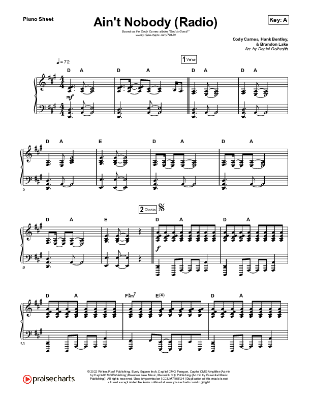 Ain't Nobody (Radio) Piano Sheet (Cody Carnes)
