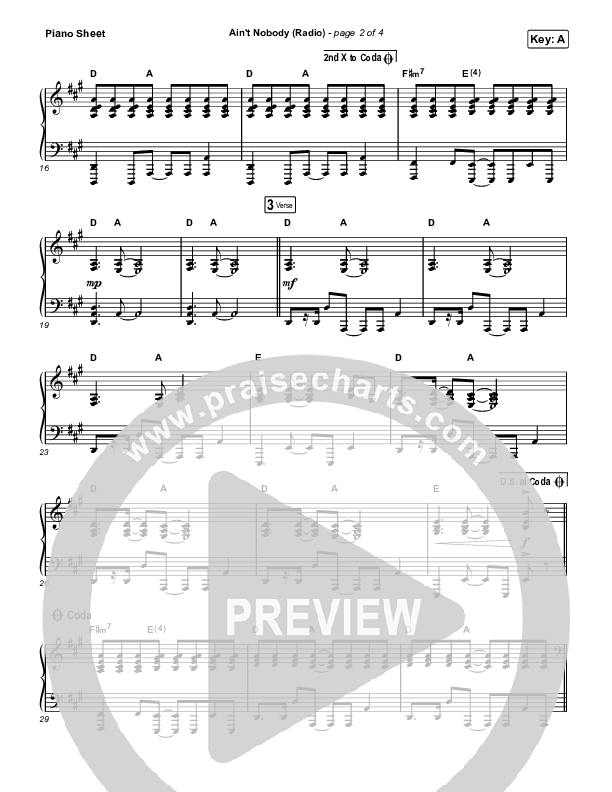 Ain't Nobody (Radio) Piano Sheet (Cody Carnes)