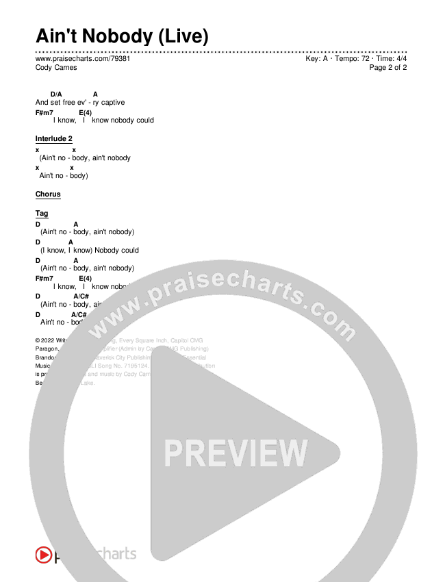 Ain't Nobody (Live) Chords & Lyrics (Cody Carnes)