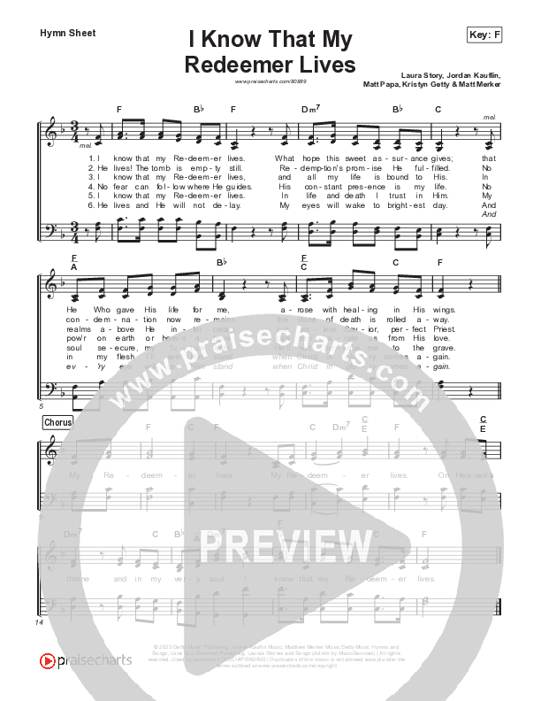 I Know That My Redeemer Lives Hymn Sheet (Keith & Kristyn Getty)