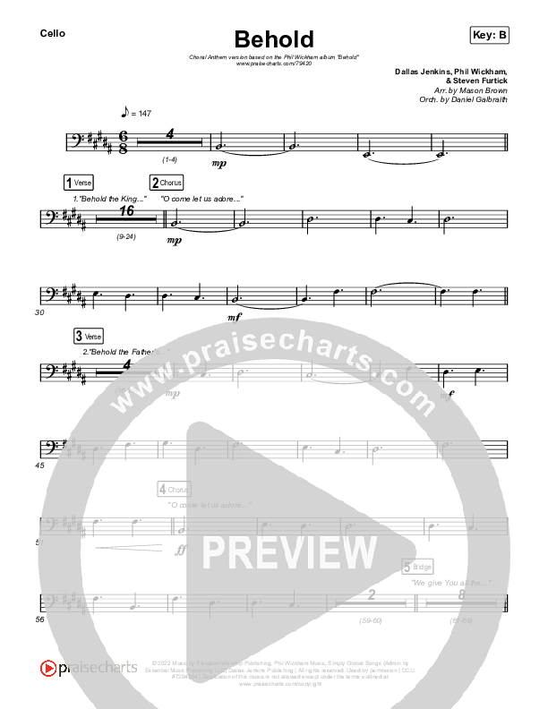 Behold (Choral Anthem SATB) Cello (Phil Wickham / Anne Wilson / Arr. Mason Brown)