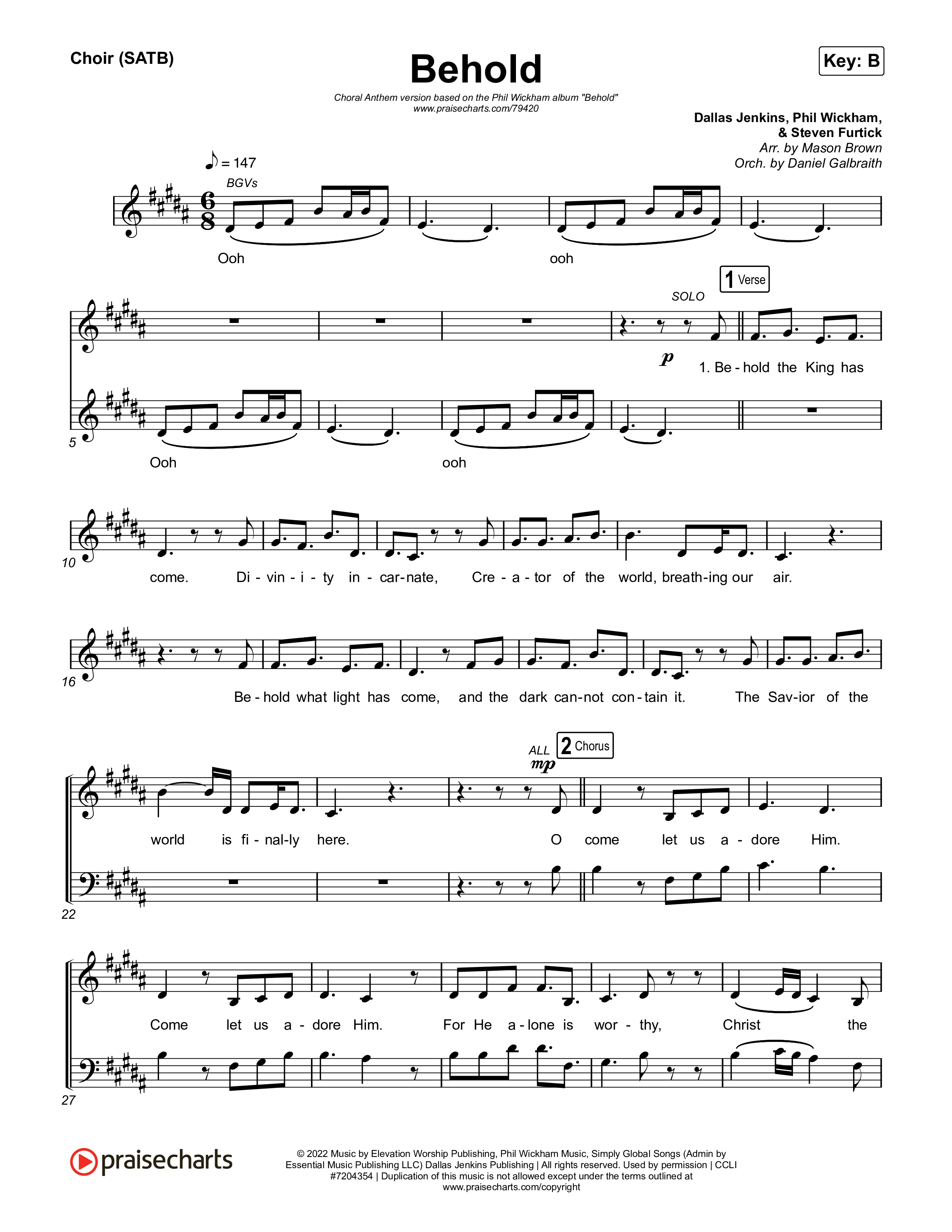Behold (Choral Anthem SATB) Choir Sheet CH (Phil Wickham / Anne Wilson / Arr. Mason Brown)